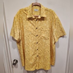 Crowlines Men's Yellow Cat Print Graphic Button Down Casual Shirt Sz XXL Novelty